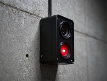 Close up of a smart digital rodent monitoring station placed along a clean concrete industrial wall, red indicator LED light glowing, high contrast, dark atmosphere, 35mm lens