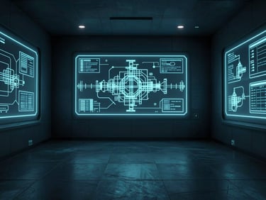 Empty high-security terminal room with structural schematics projected onto screens, cold neon glow, wide architectural symmetry, dark slate tones.