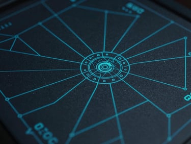 Abstract quantum topological schematic with sharp cyan lines on a deep slate background, high-contrast data readout, cold cinematic photography.