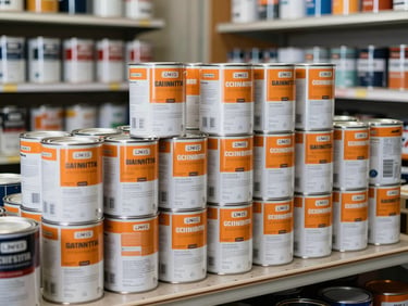 Stacked paint cans and tinting equipment on a hardware store counter, bright natural light, vivid orange and white labels, organized rows, no people