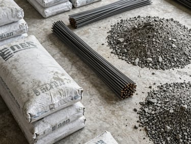 Overhead flat-lay of construction raw materials — cement bags, rebar bundles and aggregate gravel on a warehouse floor under bright daylight