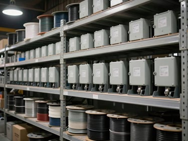 Rows of electrical conduit, wire spools, and junction boxes on warehouse shelving, high-contrast overhead lighting, industrial setting, no people