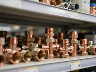 Close-up of copper plumbing pipes and fittings organized on a warehouse shelf, bright overhead industrial lighting, metallic textures, no people