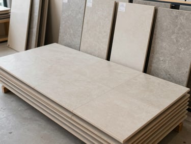 Wide shot of ceramic floor tiles and wall finishes stacked in a showroom, natural daylight, neutral tones with visible texture, clean industrial setting, no people