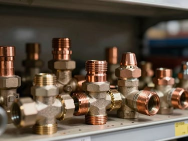 Extreme close-up of copper pipes, fittings and valves arranged on a shelf in a supply warehouse, warm directional light