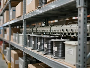 Organized electrical conduit, wire spools and junction boxes on metal shelves in a well-lit supply warehouse