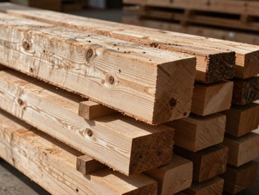 Close-up of rough-sawn lumber boards stacked in a warehouse, visible grain and knots, high-contrast natural light from above