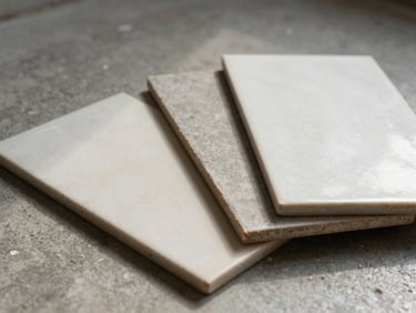 Close-up of ceramic floor tiles and porcelain samples fanned on a concrete surface, directional side-lighting revealing texture