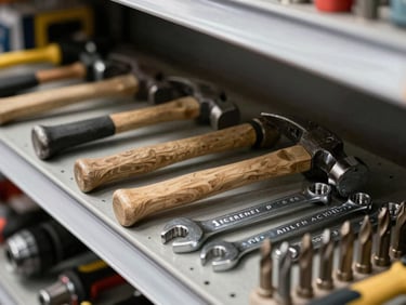 Close-up of organized hand tools on a metal shelf in a hardware store — hammers, wrenches, drill bits arranged in rows, hard industrial lighting, no people