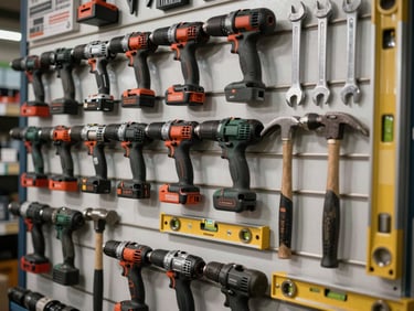 Organized tool wall in a hardware store — drills, hammers, levels and wrenches arranged in rows, high-contrast lighting