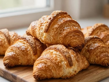 Close-up of golden, flaky croissants stacked on a wooden board, warm oven light, shallow depth of field