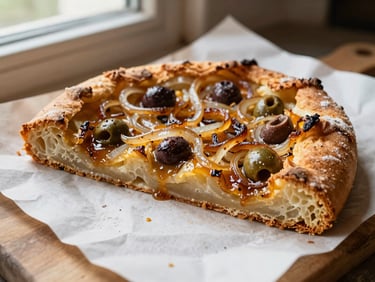 A slice of traditional pissaladière on greaseproof paper, caramelized onions and olives visible, warm rustic setting
