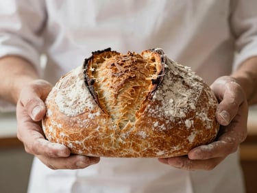 A baker's hands dusted with flour holding a freshly baked loaf of country bread, warm side-light, macro texture