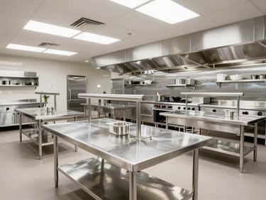 Wide-angle shot of a hotel banquet kitchen layout, gleaming stainless steel prep tables, high-key industrial lighting.