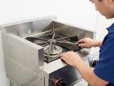 Bright industrial photography of a certified technician calibrating a heavy-duty stainless steel commercial oven burner, crisp details, high-key lighting