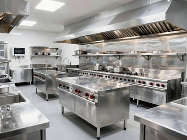 Bright industrial photography of a gleaming commercial kitchen layout, high-key lighting reflecting off polished stainless steel surfaces, sharp focus, 24mm wide-angle