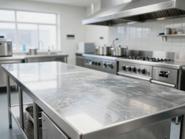Clean hospital kitchen preparation line, polished stainless steel counters, bright daylight reflecting off metal.