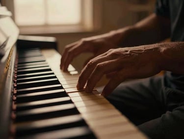 Close-up of hands on a piano keyboard, dramatic chiaroscuro lighting, shallow depth of field, amber tones, 35mm