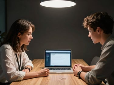 Medium two-shot of a brand representative and a TikTok creator reviewing campaign data on a laptop screen in a dark-lit meeting room, sharp overhead key-light, both focused on the screen, no eye contact with camera, professional negotiation setting