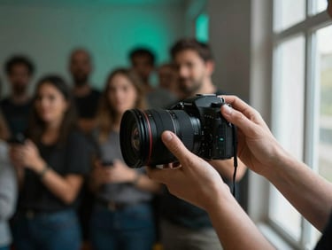Photographer's hands adjusting a lens in the foreground, sharply lit from a window to the right, blurred event crowd glowing in vivid teal and amber behind them, intimate and deliberate framing