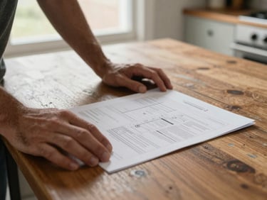Close shot of a homeowner's hands resting on a kitchen table beside a printed property sheet, warm afternoon window light, worn wooden table surface, candid documentary framing