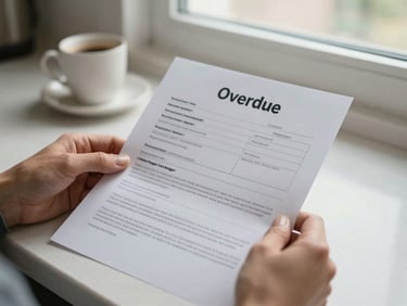 Close view of hands holding an overdue mortgage statement on a kitchen counter, natural window light, a coffee cup out of focus in the background, honest and candid