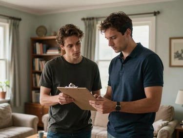 Two team members standing in a dated living room reviewing a clipboard together, natural side light from a window, lived-in bookshelves visible behind them, candid working moment