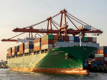 Wide-angle environmental shot of container ships at a high-volume logistics hub during golden hour