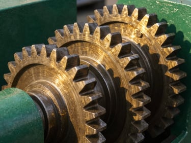 Macro shot of heavy industrial machinery gears, metallic textures highlighted by crisp high-contrast daylight