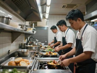 Wide environmental shot of a Manila restaurant kitchen mid-service — line cooks at their stations, sheet pans and equipment in motion, overhead fluorescent strip lighting, tiled walls visible in background