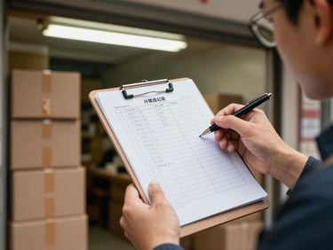 Overhead close-up of a supplier delivery being checked at a Hong Kong restaurant back entrance — clipboard with checklist, cardboard boxes stacked, fluorescent loading-bay lighting, hands verifying items against a printed order sheet