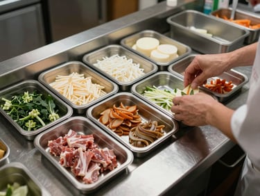 Overhead close-up of a Japanese kitchen prep station — stainless steel surface, portioned ingredients in labeled trays, a chef's hands arranging mise-en-place under cool daylight-balanced overhead light