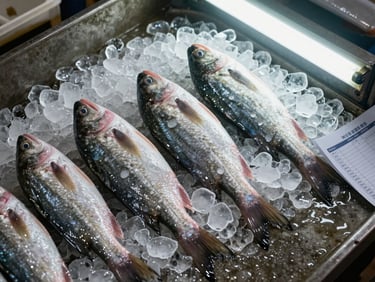 Close-up overhead shot of a Hong Kong wet market delivery — whole fish in crushed ice, a logistics tally sheet visible on the edge, fluorescent warehouse light, concrete surface