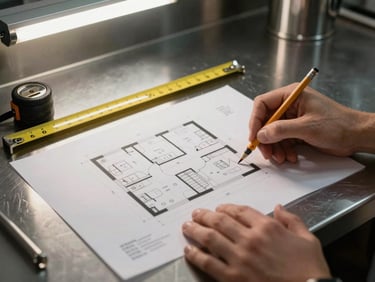 Close-up of hands reviewing a printed floor plan layout spread on a stainless steel kitchen counter — pencil annotations visible, measuring tape alongside, harsh overhead fluorescent light casting sharp shadows on the document