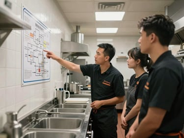 Wide environmental shot inside a restaurant kitchen during training — a trainer in uniform pointing at a prep station workflow diagram fixed to a tiled wall, two staff members observing, overhead fluorescent lighting, stainless steel equipment visible in background