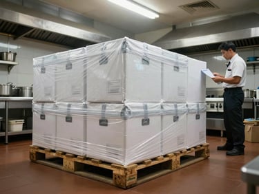 Wide shot of a Singapore commercial kitchen receiving area — sealed cold-chain boxes stacked on a pallet, a staff member in uniform checking a manifest under bright overhead fluorescent light, tiled floor