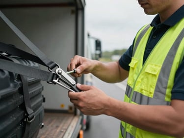 Close-up of a professional commercial driver in a high-visibility vest securing heavy cargo straps inside a clean trailer, sharp focus on the metallic tension ratchet, natural overcast daylight.