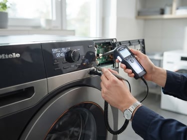 Close-up of clean hands using professional diagnostic tools on a modern washing machine control panel, bright natural indoor lighting