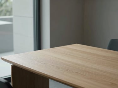 Close-up of a minimalist light oak meeting table beside a large glass window, soft natural daylight, quiet office atmosphere