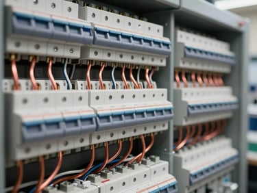 A close-up of a perfectly organized commercial switchboard with neatly routed copper wiring and labeled circuit breakers under bright workspace lighting.