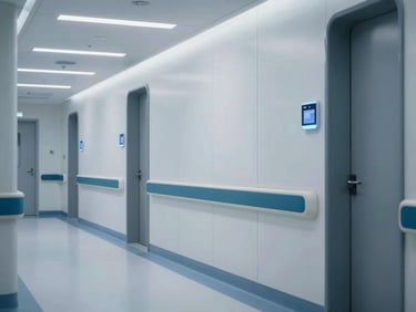 Clean hospital corridor with advanced technical panels, cool white lighting, blue ambient tones, pristine environment, cinematic 35mm
