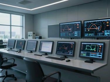 Cinematic wide shot of a pristine industrial control center, technical monitors showing real-time automation schematics, cool daylight with subtle orange indicator glows.