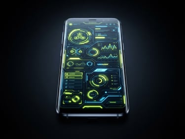 Sleek product photography of a modern Android phone displaying a crisp vector UI mockup with vibrant neon cyber-lime accents, high-contrast dark background, 35mm