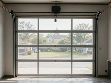 Wide interior shot of a new insulated steel garage door fully installed in a residential opening, natural daylight from the open bay illuminating the track and hardware on both sides