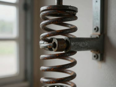 Extreme close-up of a torsion spring coil on a garage door shaft, natural light from a side window, surface rust and metal fatigue visible on the coil wraps