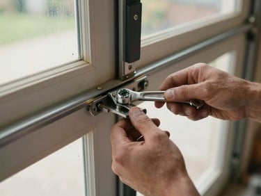 Technician adjusting a roller hinge on a garage door track with a wrench, close framing on the hinge bracket and bolt head, natural light from the open bay