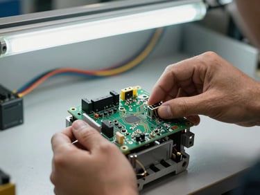 Technician hands pressing a circuit board into a garage door opener motor housing under fluorescent shop lighting, wiring harness visible in background