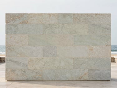 Architectural elevation of a large-format stone slab installation in a bright coastal pavilion, soft natural daylight, pale sage tones