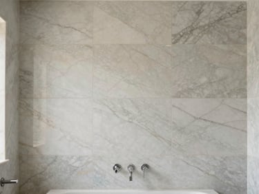 editorial architectural photography of straight-on book-matched marble walls in a luxury bathroom, soft daylight