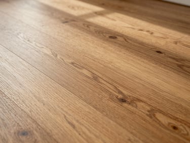 Tight close-up of solid hardwood floor planks in warm oak, wide grain lines running diagonally, matte sealed finish catching soft north-facing window light, no people
